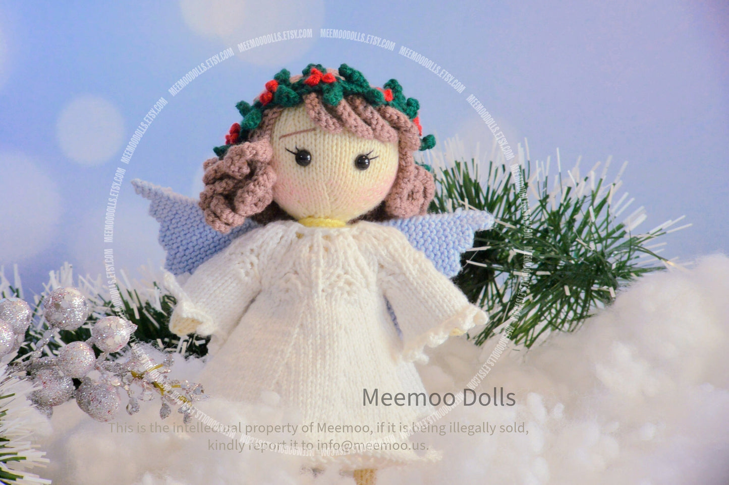 Knit Angel Doll. Christmas Knitting Pattern. Meemoodolls.