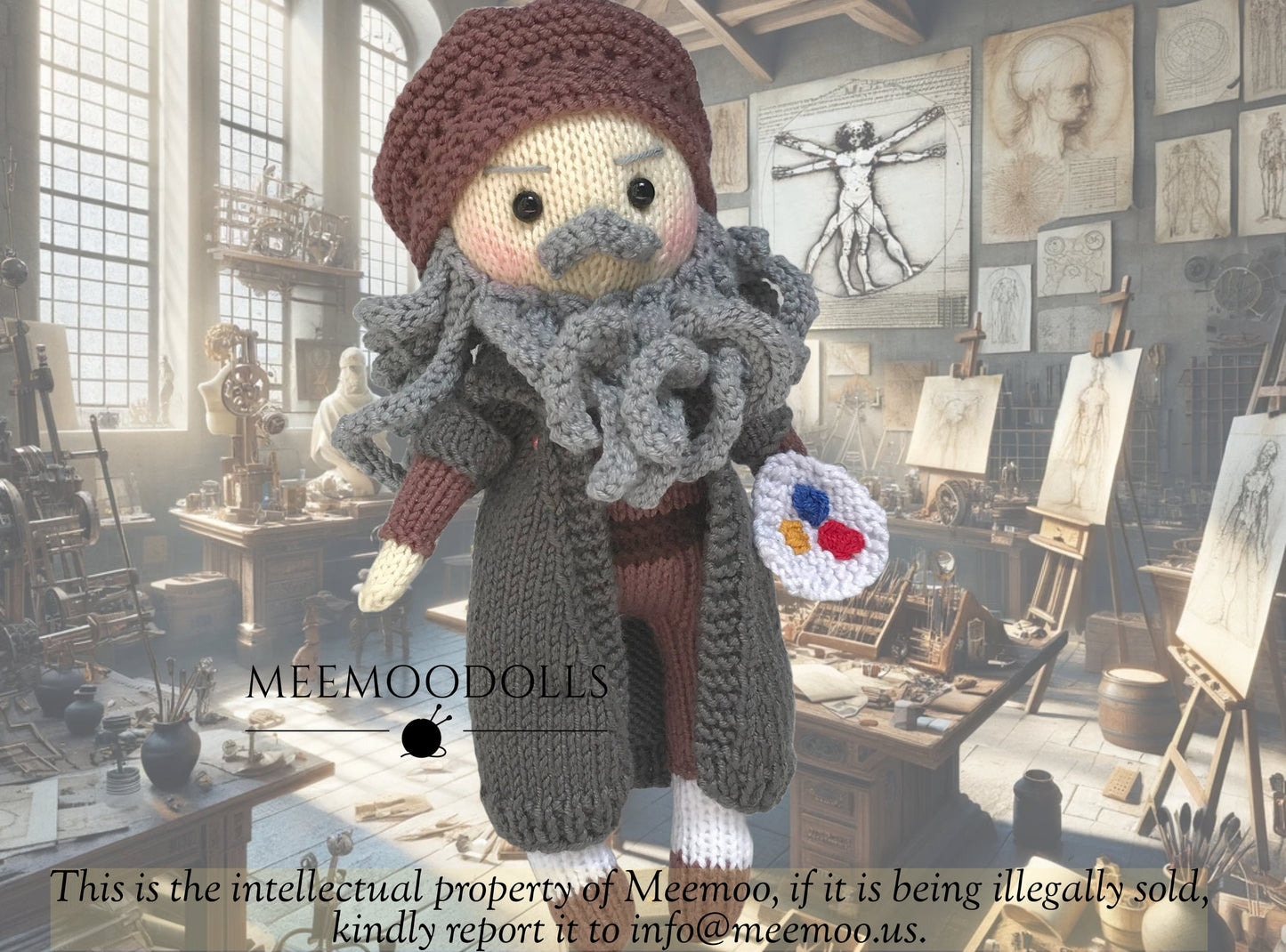 Knit Leonardo da Vinci. Knit Iconic Doll. Knitted toy patterns. Meemoodolls.