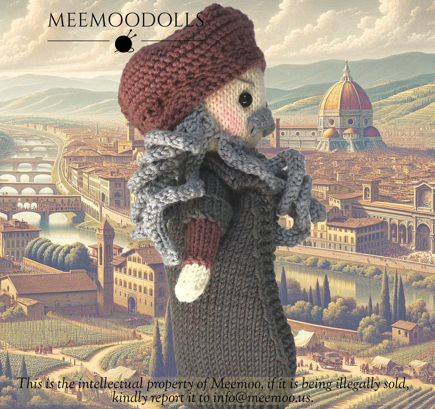 Knit Leonardo da Vinci. Knit Iconic Doll. Knitted toy patterns. Meemoodolls.