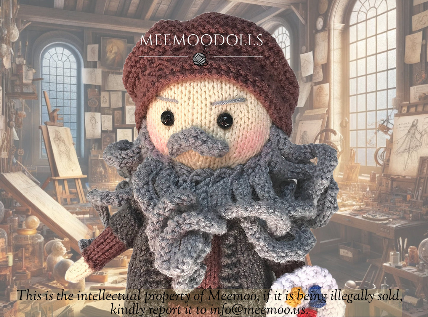 Knit Leonardo da Vinci. Knit Iconic Doll. Knitted toy patterns. Meemoodolls.