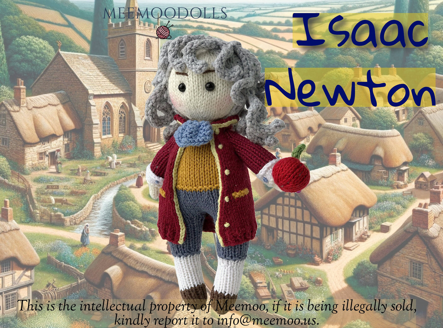 Knit ISSAC NEWTON. Knitting Iconic Dolls. Knitted toy patterns. Meemoodolls.