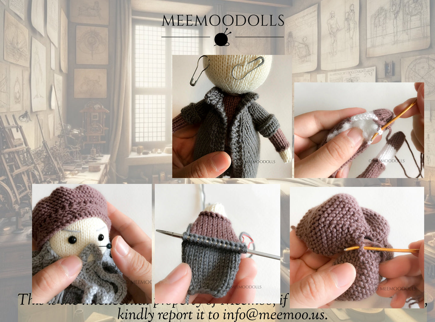 Knit Leonardo da Vinci. Knit Iconic Doll. Knitted toy patterns. Meemoodolls.