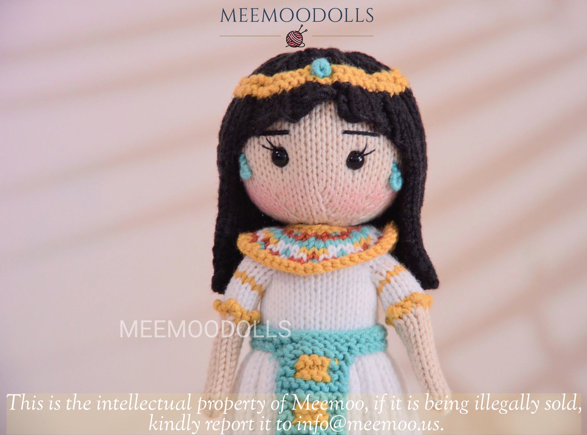 Knit Cleopatra. Knitted toy Patterns. Knit Iconic Doll. Meemoodolls.