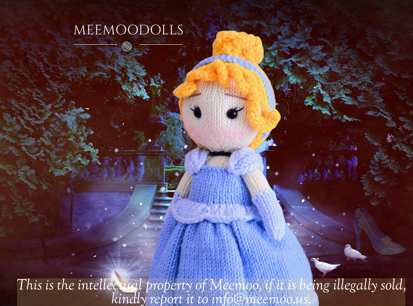 Knit Cendrillon - The little glass slipper princess. Knitted toy Patterns. Meemoodolls.