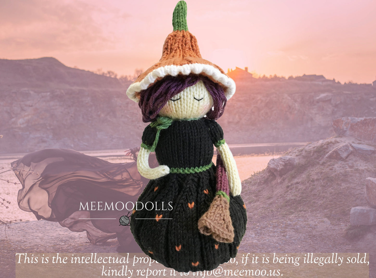 Beatrix The Witch Queen. Knit pumpkin pattern. Knit doll pattern. Knitting pattern. Knitting Doll Guide. Meemoodolls.
