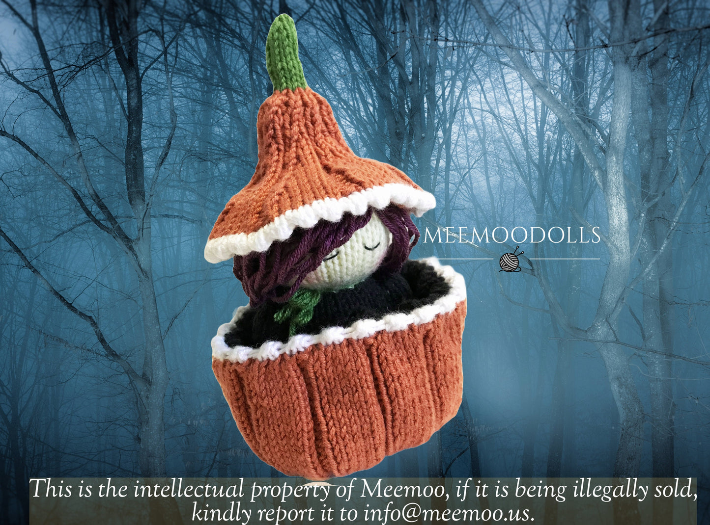 Beatrix The Witch Queen. Knit pumpkin pattern. Knit doll pattern. Knitting pattern. Knitting Doll Guide. Meemoodolls.