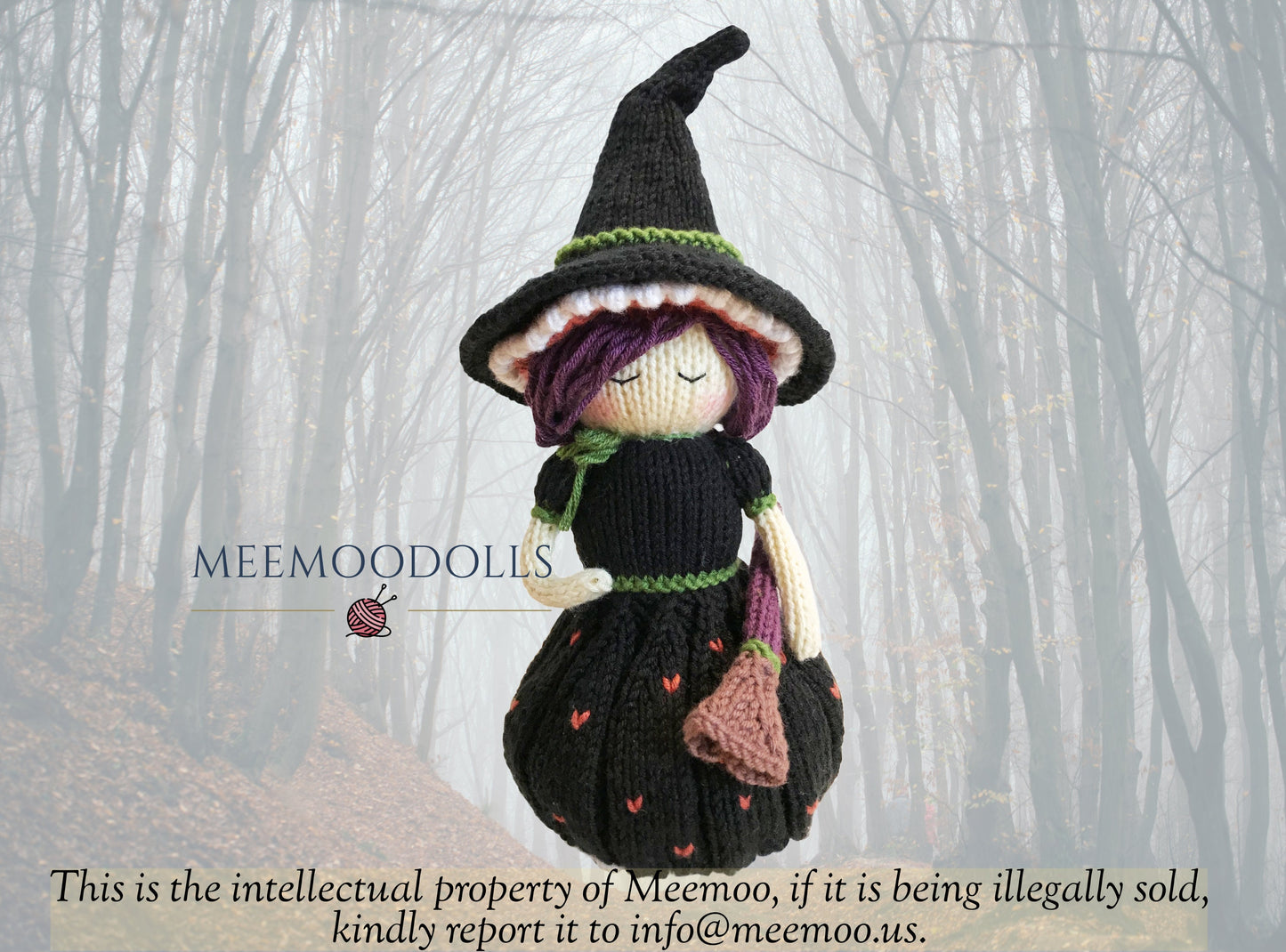 Beatrix The Witch Queen. Knit pumpkin pattern. Knit doll pattern. Knitting pattern. Knitting Doll Guide. Meemoodolls.