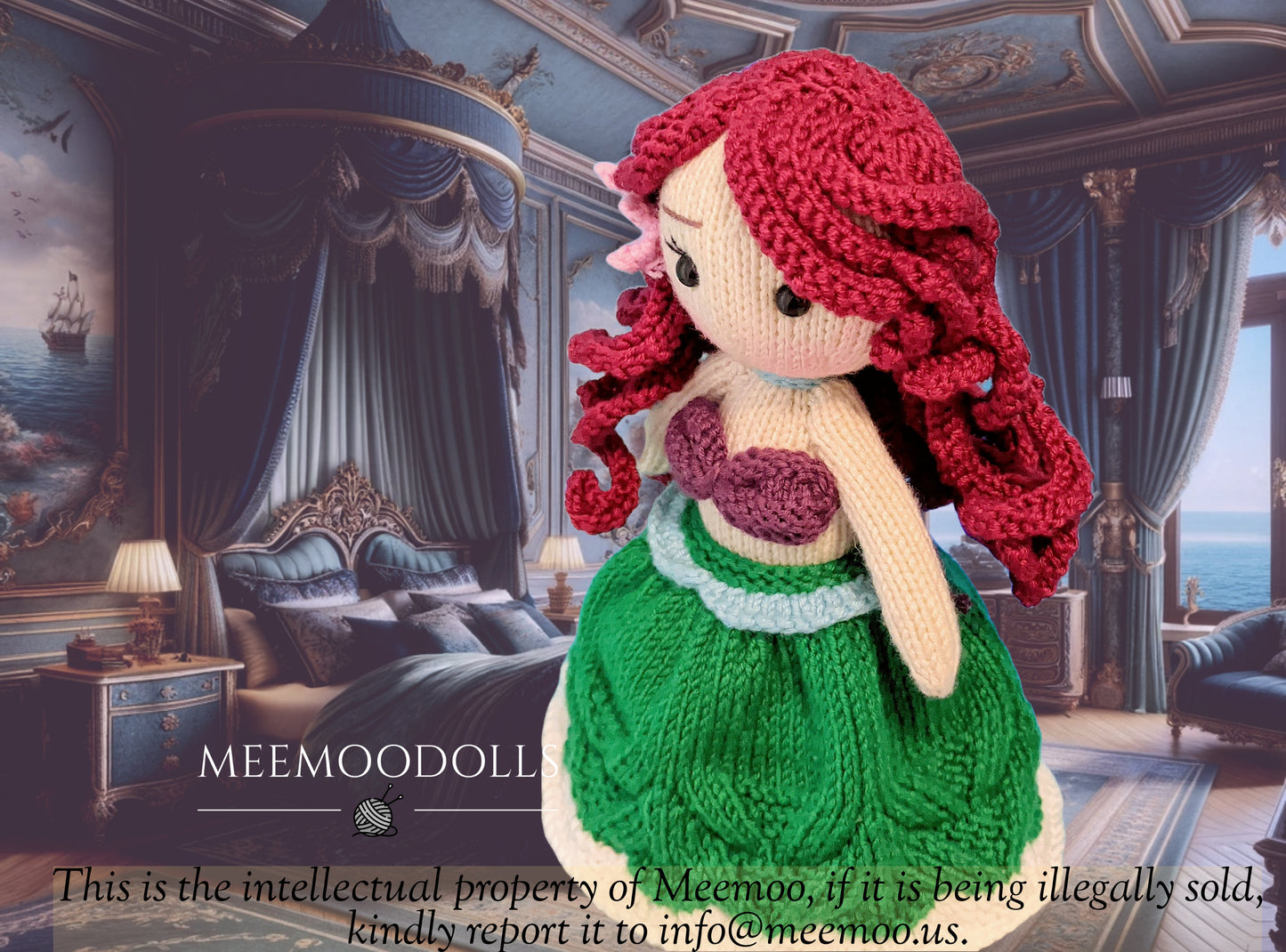 Knit Red Hair princess. Knitted toy Patterns. Meemoodolls.