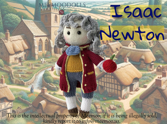 Knit ISSAC NEWTON. Knitting Iconic Dolls. Knitted toy patterns. Meemoodolls.
