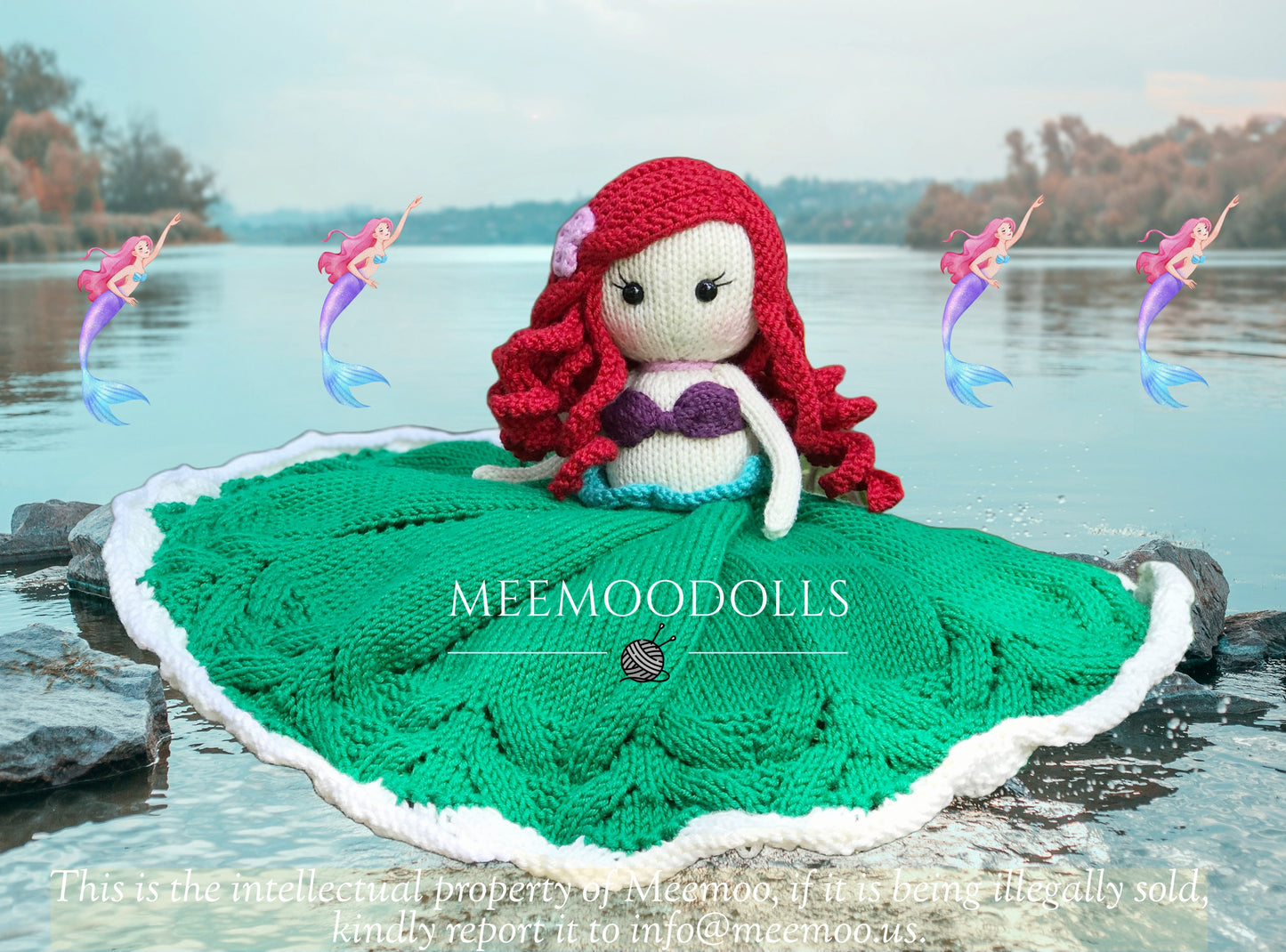 Knit Mermaid Baby Blanket. Knit Security Blanket. Knitted toy patterns. Meemoodolls