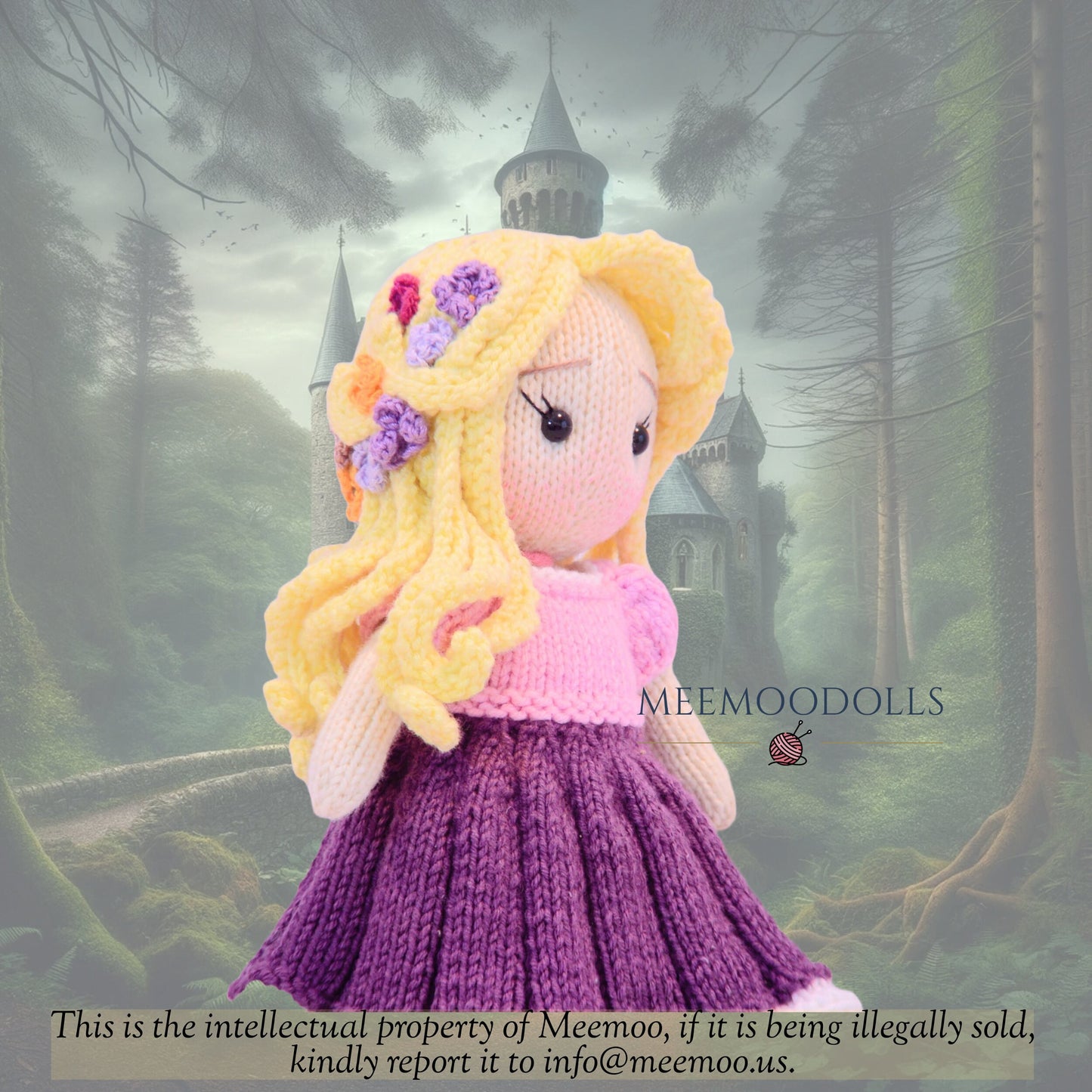 Knit Golden Hair princess. Knitted toy Patterns. Meemoodolls.