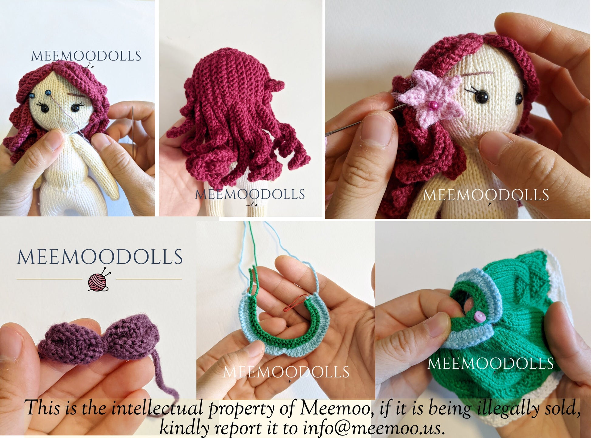 Knit Red Hair princess. Knitted toy Patterns. Meemoodolls.